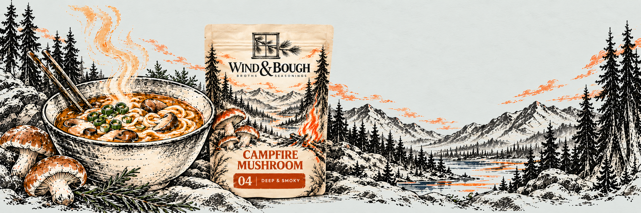 A mushroom ramen bowl and Wind and Bough Campfire pouch in a continuous ink-drawn mountain and forest landscape.